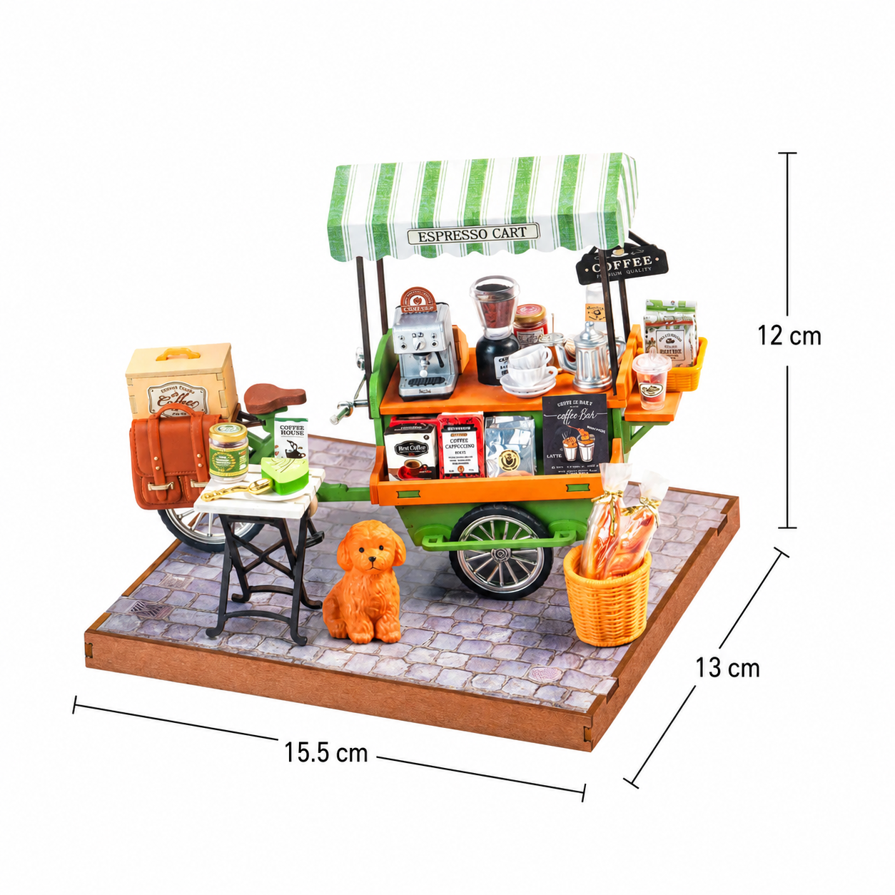 Rolife Aromatic Coffee Cart DG182 assembled size guide showing 15.5 by 13 by 12 cm finished model