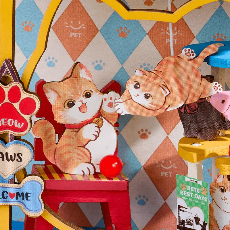 Rolife Pawfect Pet Shop DS045 close-up of kitten illustrations and paw print wallpaper