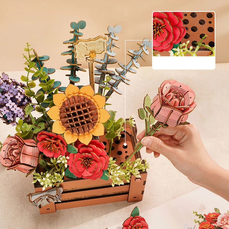 Rowood Wooden Bloom Box TW02H close-up showing pre-made flower slots and easy floral arrangement structure