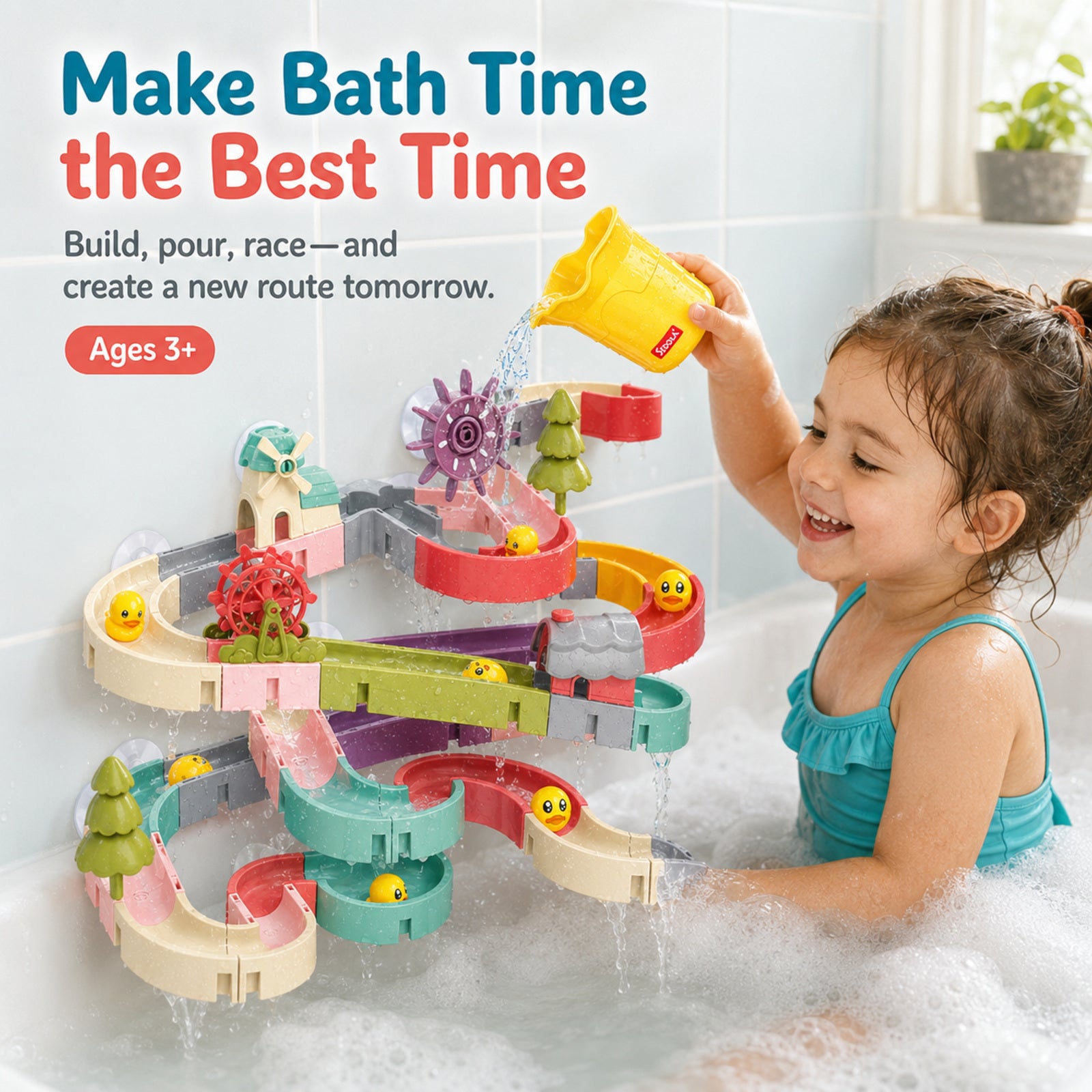 Child playing with the SEDOLA 86-piece water slide track toy at bath time