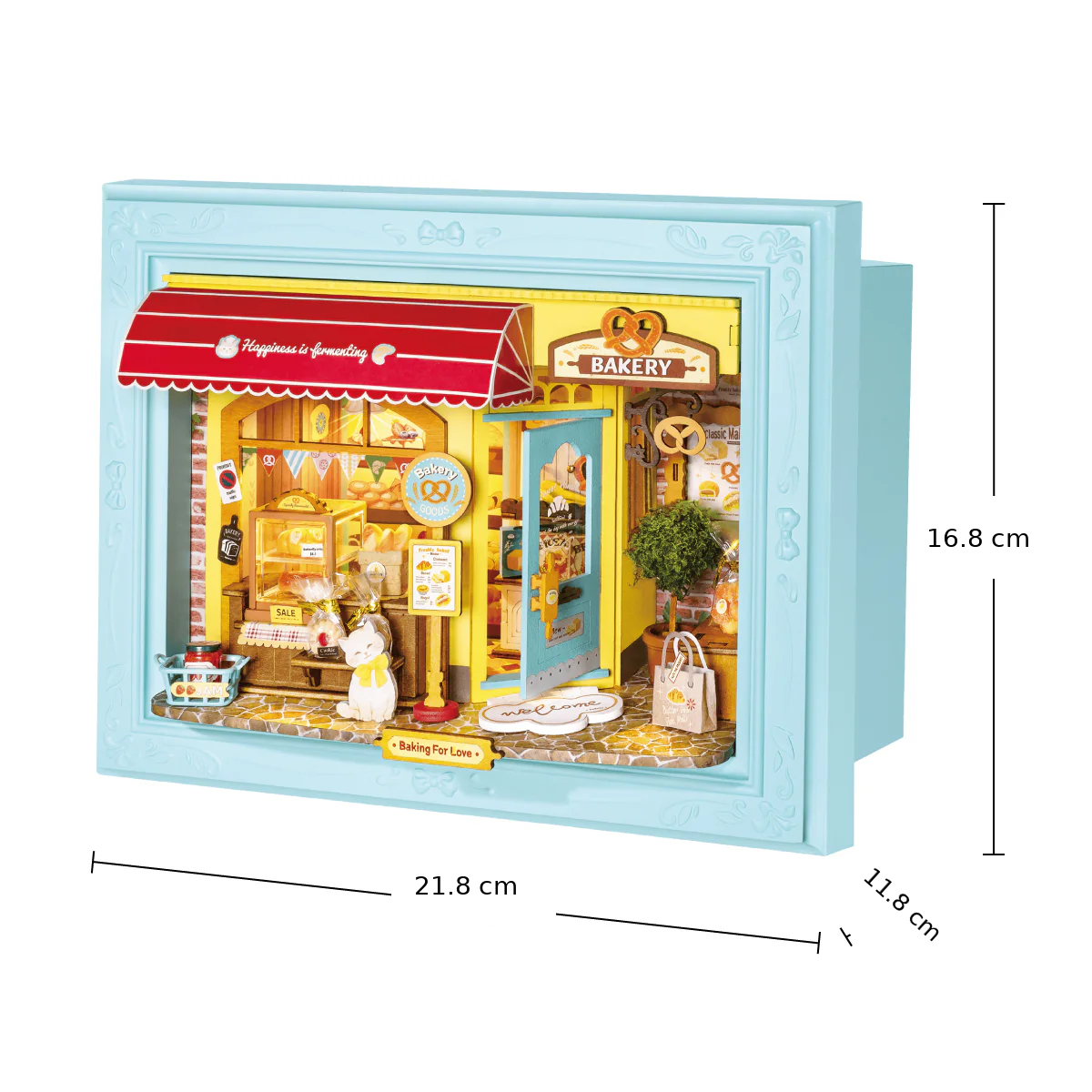 Rolife Fluffy Cat Bakery DP001 assembled size guide in centimetres showing 21.8 cm width, 16.8 cm height and 11.8 cm depth
