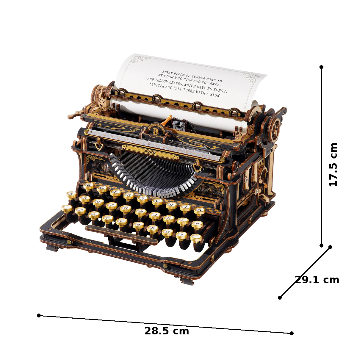 ROKR Mechanical Typewriter LK703B assembled size guide showing 28.5 x 29.1 x 17.5 cm dimensions
