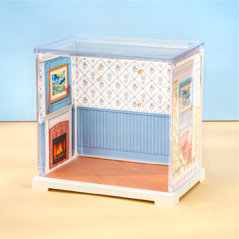 Rolife Country Blue Lounge DWS05B empty room shell with blue floral wallpaper, fireplace and clear dust cover before furniture assembly