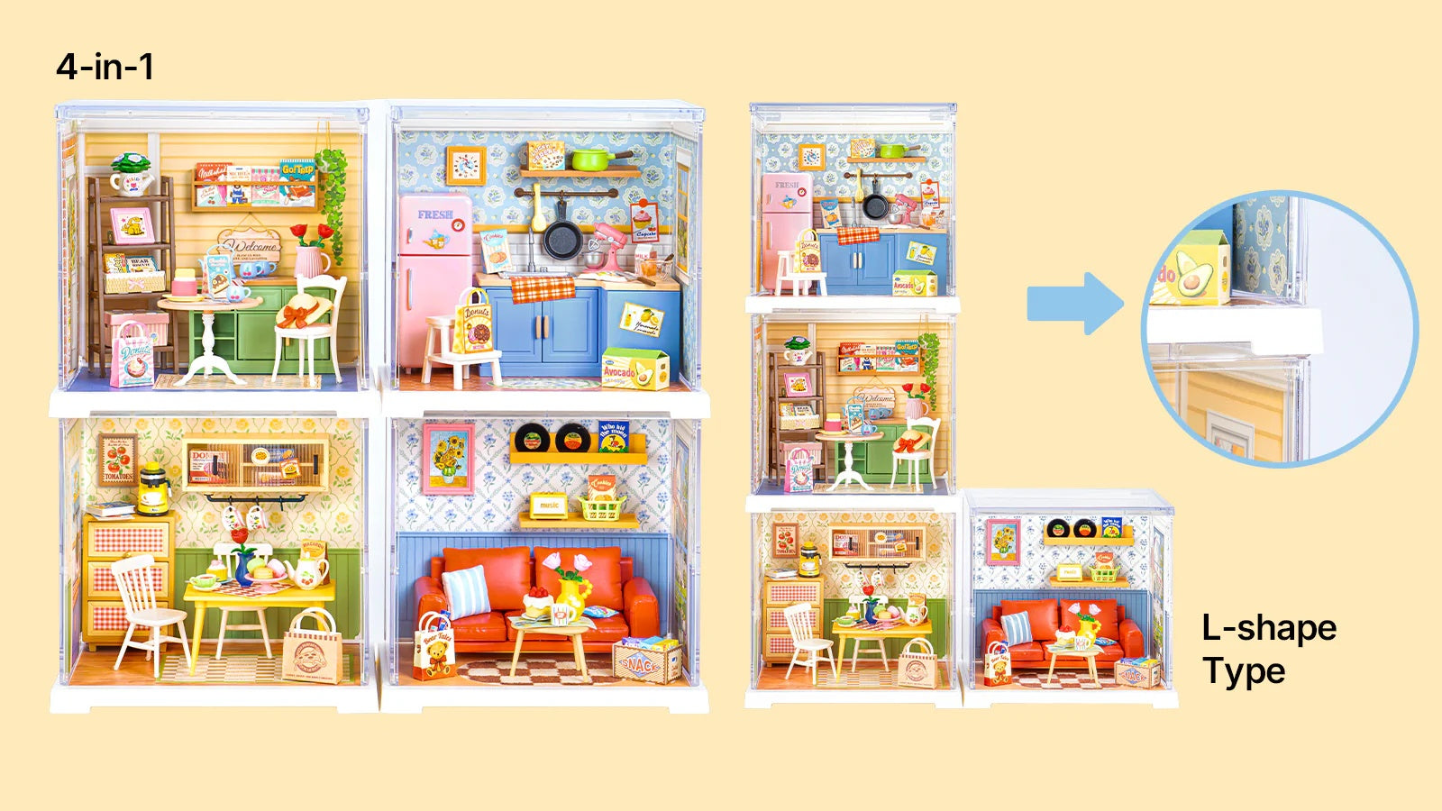 Mini Super Creator modular display guide showing 4-in-1 and L-shape room arrangement options.