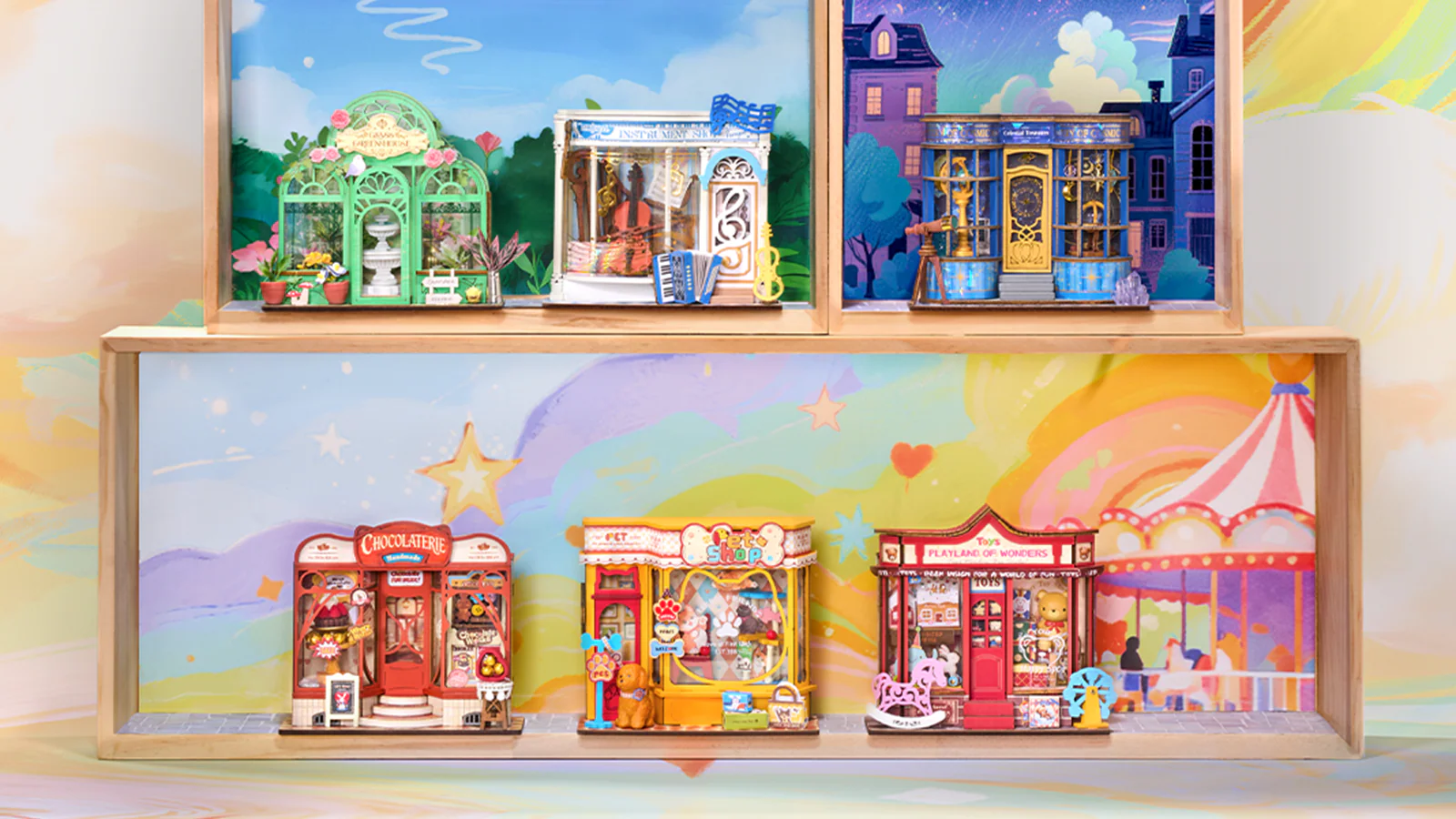 Rolife Mini Stores shelf display including Whimsy Toy Shop DS044 and other colourful miniature storefronts.