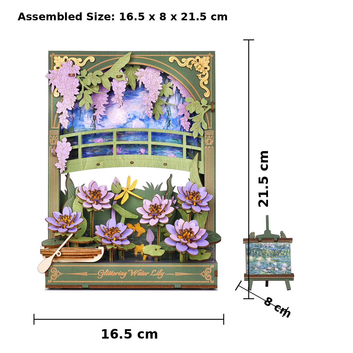 Rowood Glittering Water Lily TH001 size guide showing assembled dimensions 16.5 x 8 x 21.5 cm