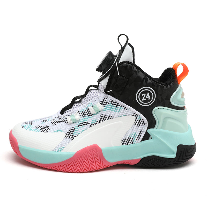 Rotating Automatic Buckle Elastic Laces Children's Basketball Shoes Breathable Mesh Cushioned Non-Slip Kids Sneaker for Running, Walking Outdoor Sports - White & Blac