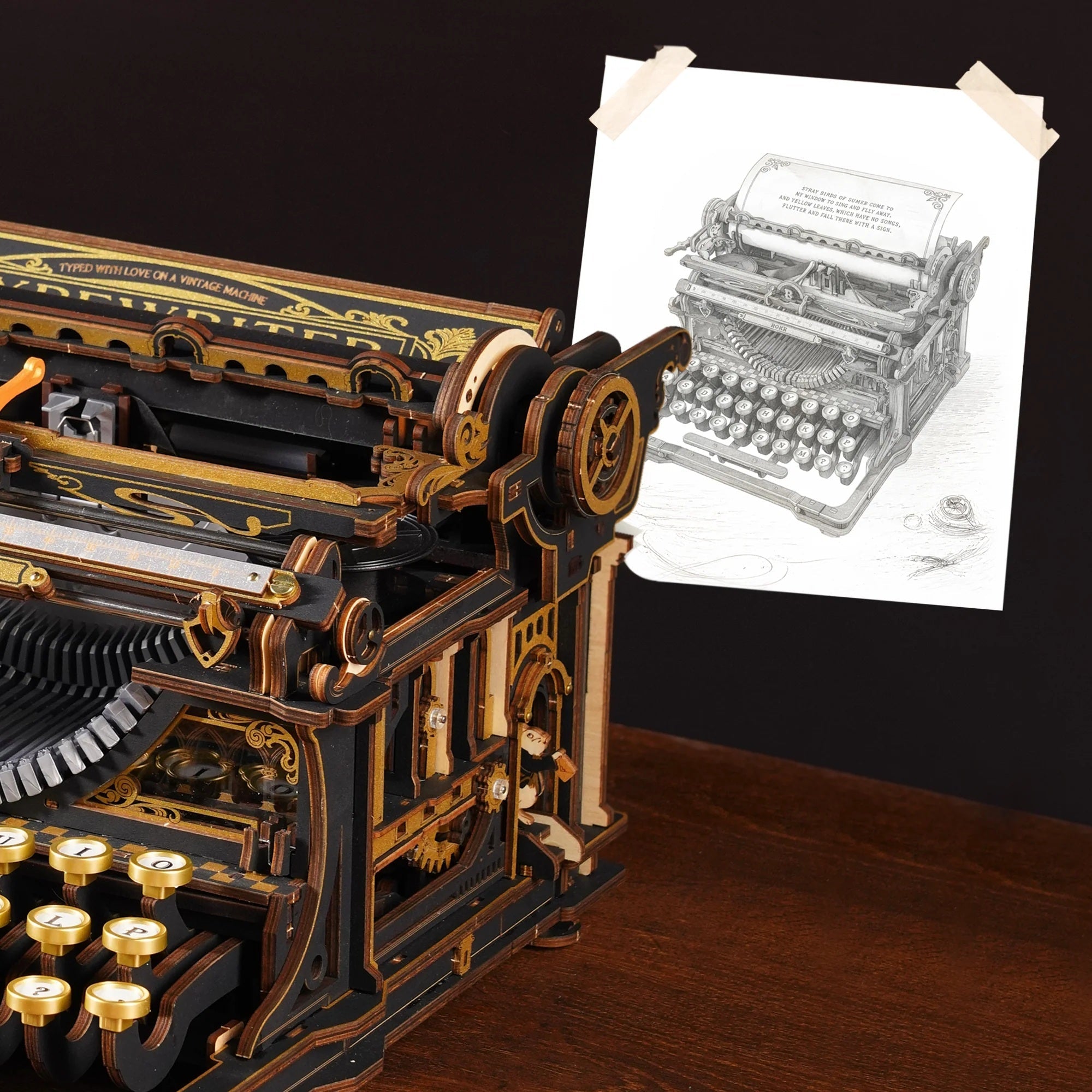 ROKR Mechanical Typewriter LK703B mechanical side detail with vintage typewriter sketch