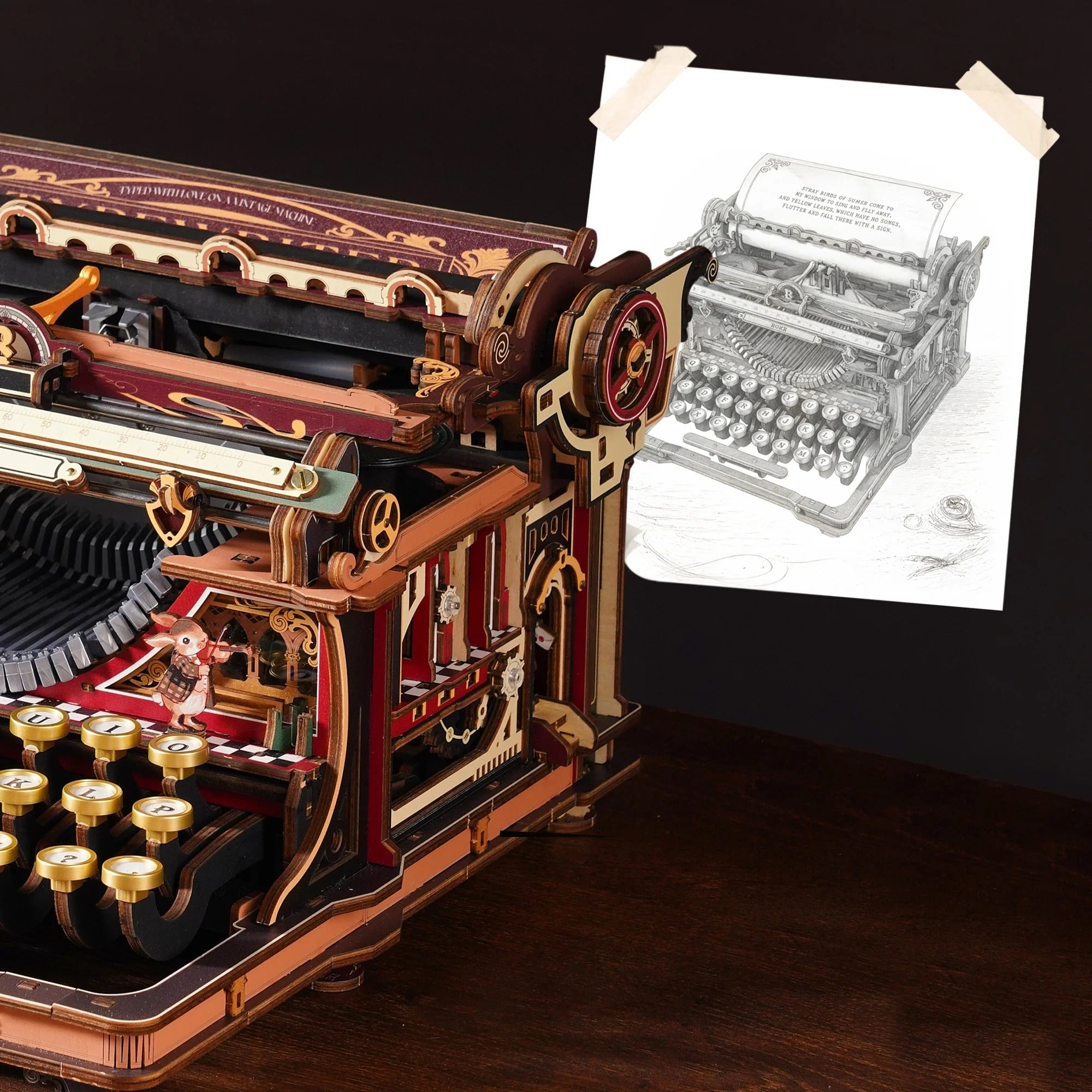 ROKR Mechanical Typewriter LK703C Magic Version vintage theater design detail with side windows and stage accents