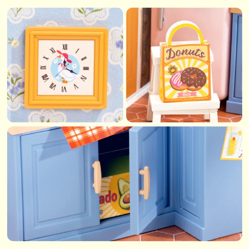 Rolife Homely Baking Kitchen DWS08B detail collage showing wall clock, donut box and openable blue cabinet doors.