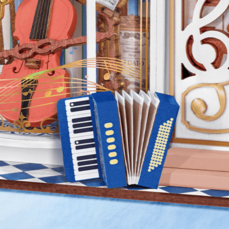 Close-up of blue accordion and instrument display detail on Rolife Melody Instrument Shop DS047