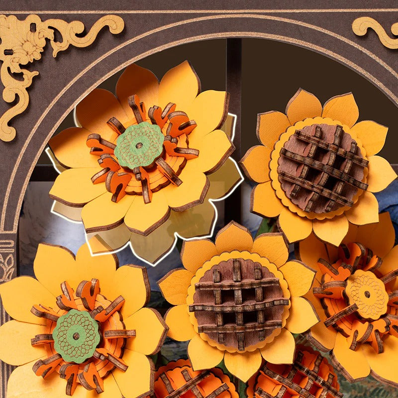 Rowood Golden Sunflower TH002 close up of layered wooden sunflower petals and LED lighting