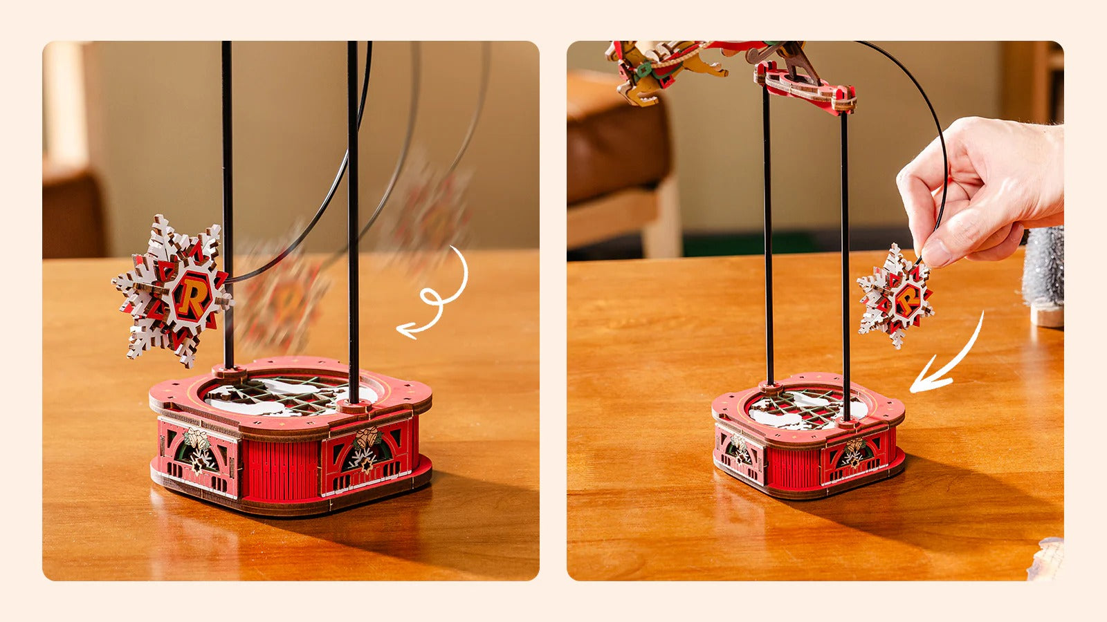 ROKR Santa on Sleigh MCD05 pendulum balance mechanism showing gravity-powered swing movement