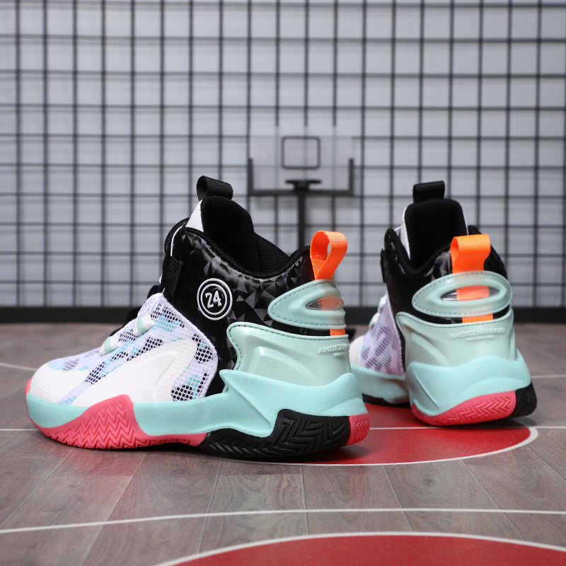 Rotating Automatic Buckle Elastic Laces Children's Basketball Shoes Breathable Mesh Cushioned Non-Slip Kids Sneaker for Running, Walking Outdoor Sports - White & Blac