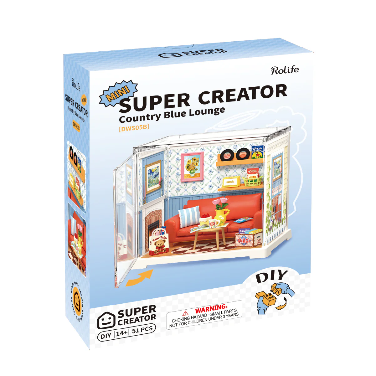 Rolife Mini Super Creator Country Blue Lounge DWS05B product box showing 51-piece DIY miniature kit packaging
