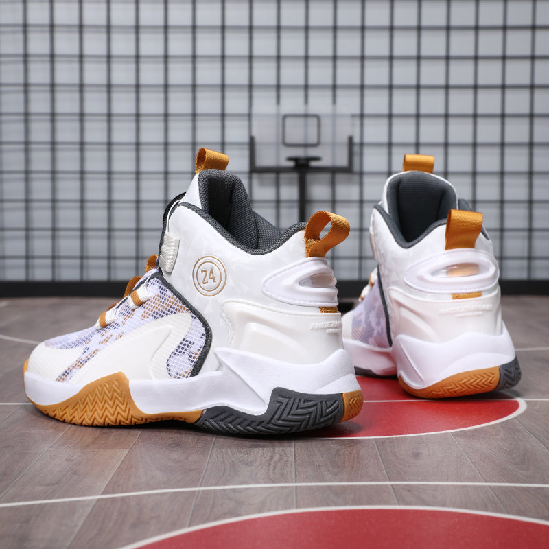 Rotating Automatic Buckle Elastic Laces Children's Basketball Shoes Breathable Mesh Cushioned Non-Slip Kids Sneaker for Running, Walking Outdoor Sports - White & Gold