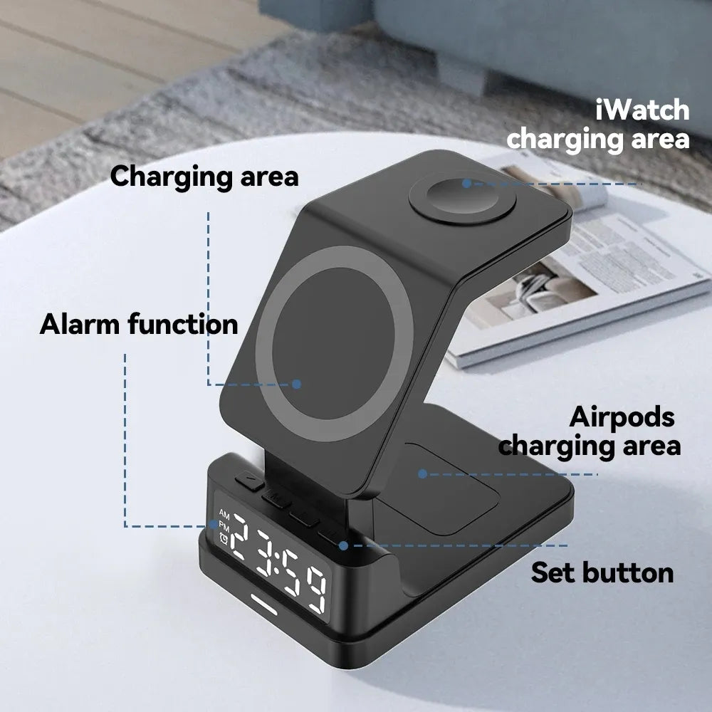 4 in 1 Fast Charging Wireless Charger Stand for iPhone 12 13 14 Pro Max Airpods Apple Watch 15W Magsafe Quick Charg Alarm Clock