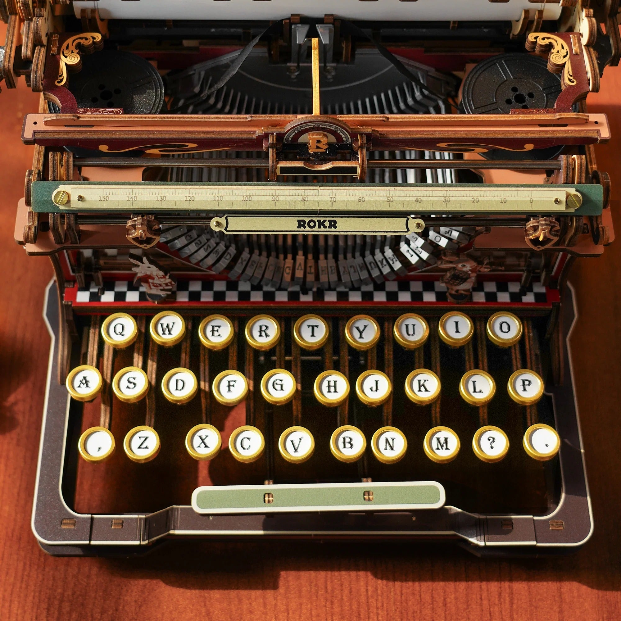 ROKR Mechanical Typewriter LK703C Magic Version QWERTY keyboard top view and paper scale