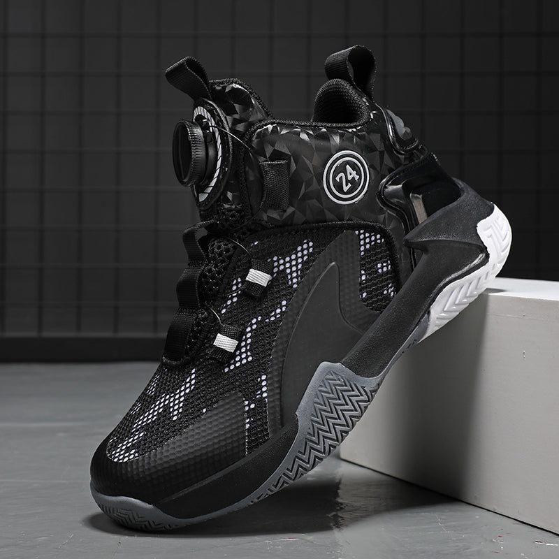 Rotating Automatic Buckle Elastic Laces Children's Basketball Shoes Breathable Mesh Cushioned Non-Slip Kids Sneaker for Running, Walking Outdoor Sports - Black