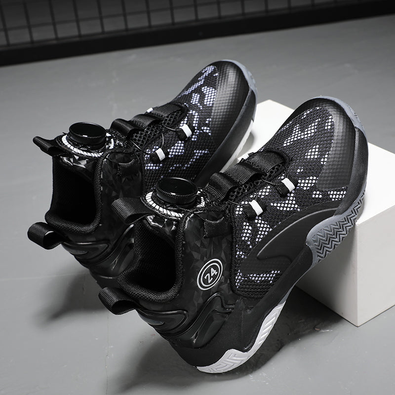 Rotating Automatic Buckle Elastic Laces Children's Basketball Shoes Breathable Mesh Cushioned Non-Slip Kids Sneaker for Running, Walking Outdoor Sports - Black