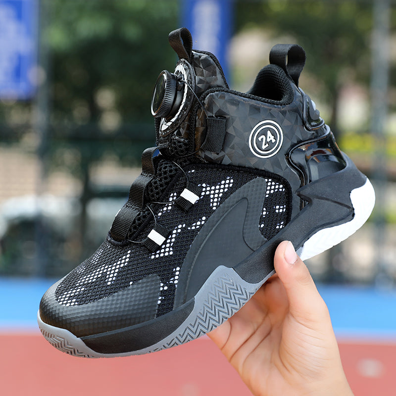 Rotating Automatic Buckle Elastic Laces Children's Basketball Shoes Breathable Mesh Cushioned Non-Slip Kids Sneaker for Running, Walking Outdoor Sports - Black