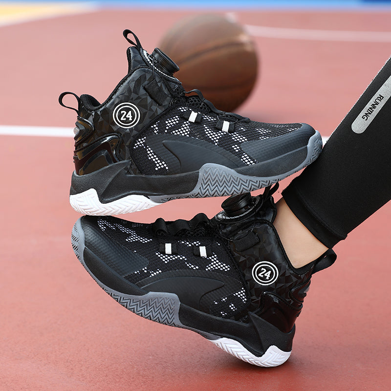 Rotating Automatic Buckle Elastic Laces Children's Basketball Shoes Breathable Mesh Cushioned Non-Slip Kids Sneaker for Running, Walking Outdoor Sports - Black