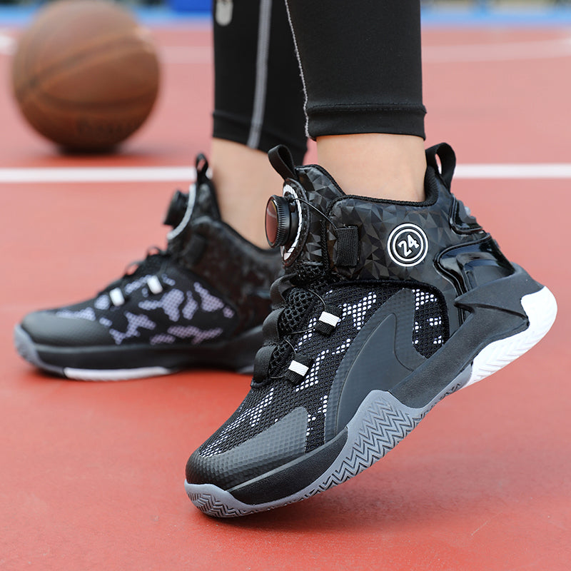 Rotating Automatic Buckle Elastic Laces Children's Basketball Shoes Breathable Mesh Cushioned Non-Slip Kids Sneaker for Running, Walking Outdoor Sports - Black