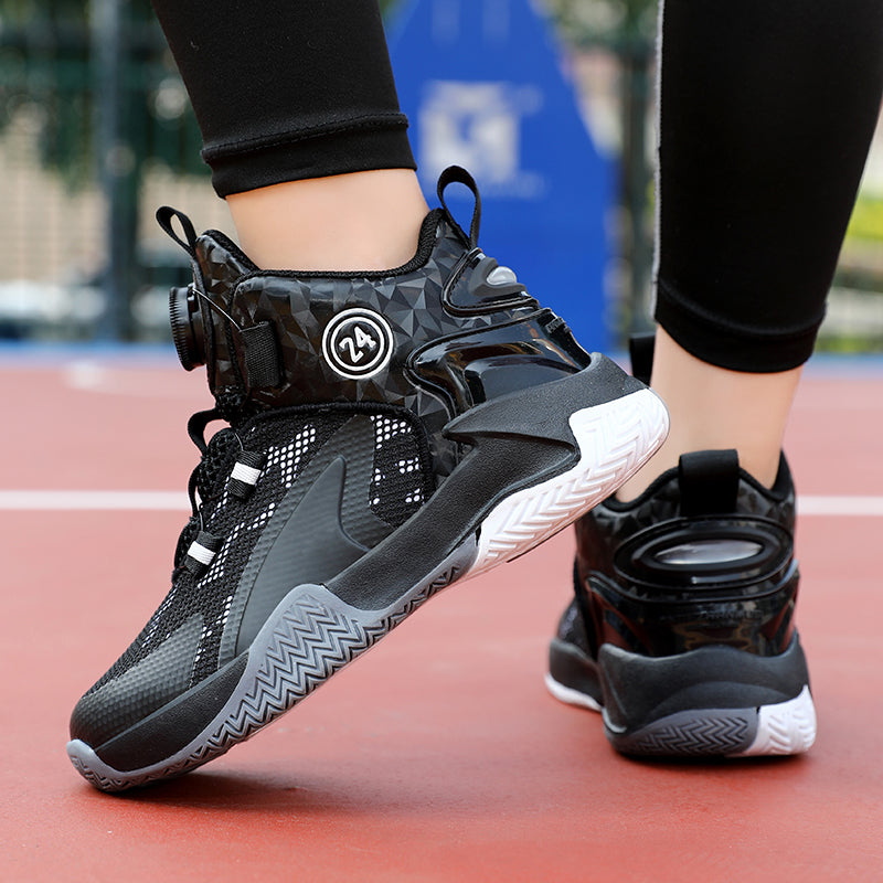 Rotating Automatic Buckle Elastic Laces Children's Basketball Shoes Breathable Mesh Cushioned Non-Slip Kids Sneaker for Running, Walking Outdoor Sports - Black