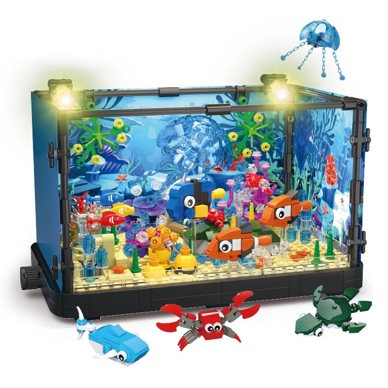 725PCS Jorumo Fish Tank Building Block Lighting Aquarium Sets for Adults and Kids Including Ocean Jellyfish Dolphin Turtle Crab Animal Building Toys