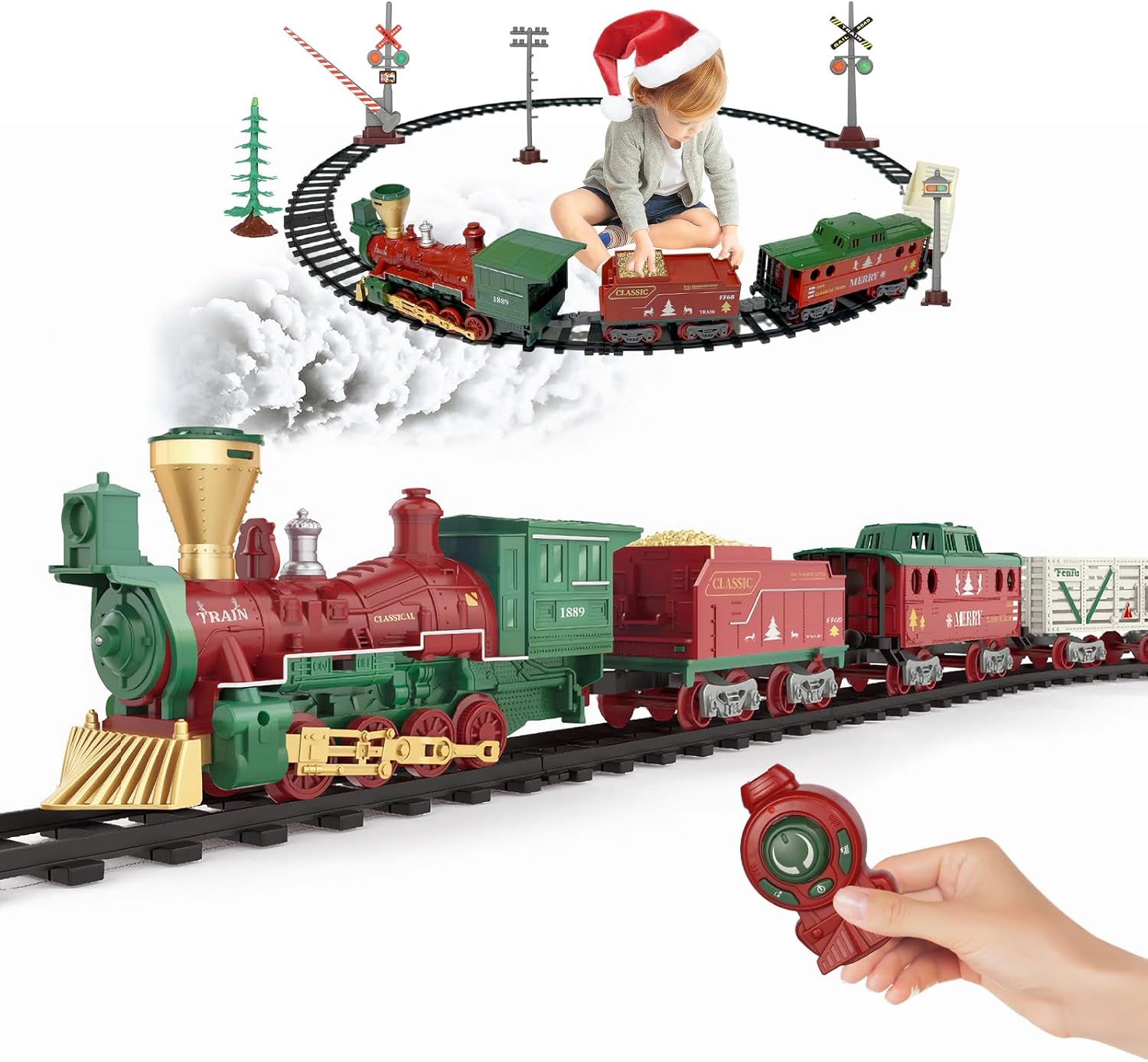 Christmas Electric Train Toys with Sound & Light Locomotive Engine Cargo Car & Tracks 3 Carriages Steam 950MM