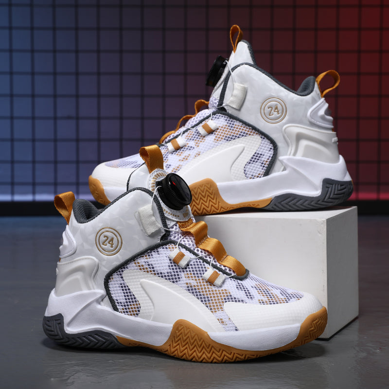 Rotating Automatic Buckle Elastic Laces Children's Basketball Shoes Breathable Mesh Cushioned Non-Slip Kids Sneaker for Running, Walking Outdoor Sports - White & Gold