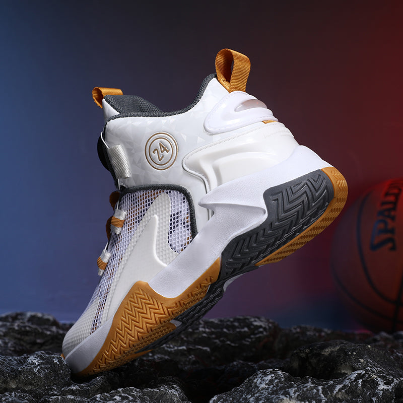 Rotating Automatic Buckle Elastic Laces Children's Basketball Shoes Breathable Mesh Cushioned Non-Slip Kids Sneaker for Running, Walking Outdoor Sports - White & Gold