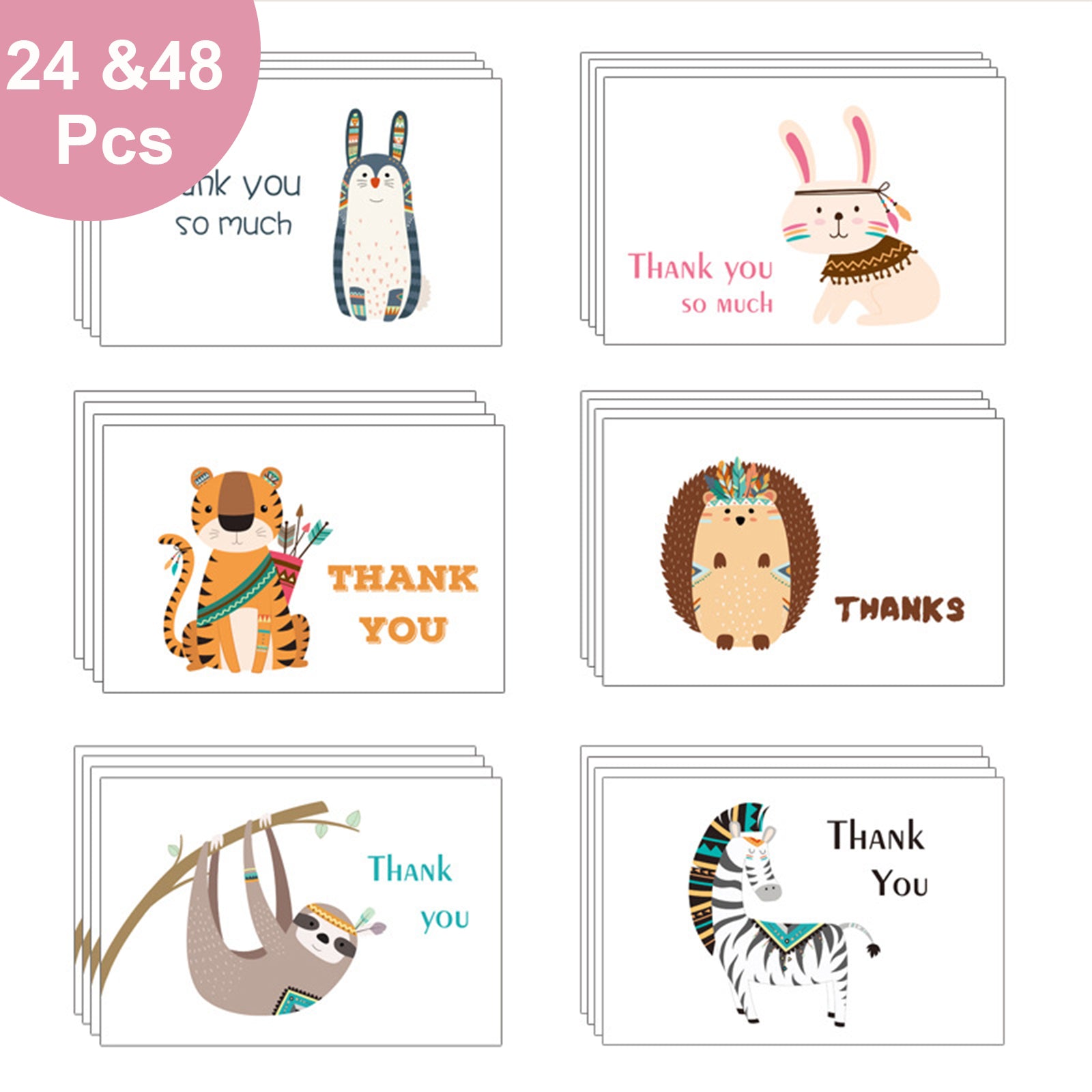 24pcs & 48 Pcs Premium Greeting Cards Thank You Cards 6 Styles Bulk Mixed Party Card Pack With Envelopes and Stickers - Animals 3