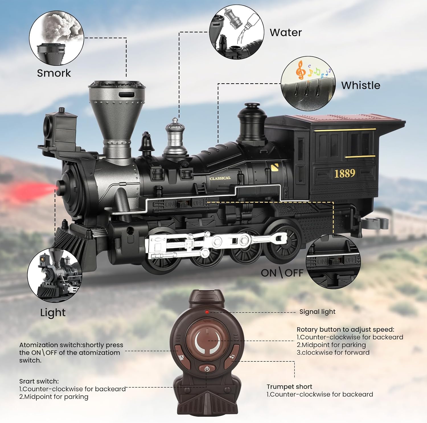 Electric Train Toys with Sound & Light Locomotive Engine Cargo Car & Tracks 3 Carriages Steam 950mm