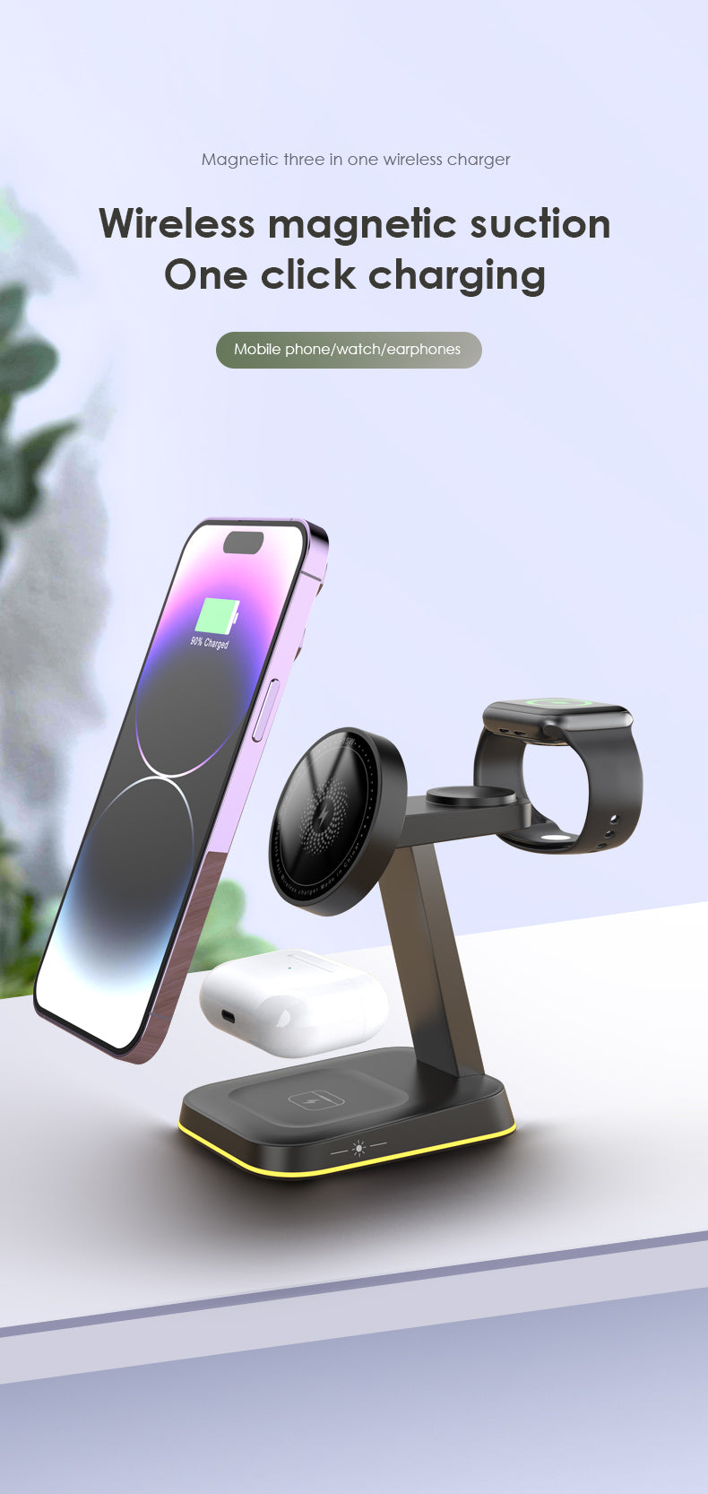 3 In 1 Magnetic Wireless Charger Stand LED Light Fast Charging Station Dock BLACK