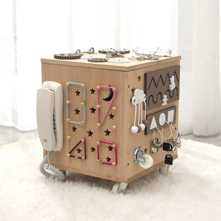 Kids Wood Portable Busy Board Cube Unlocking Box Sensory Game Baby Montessori Educational Wooden Toys for Children Learning Toy