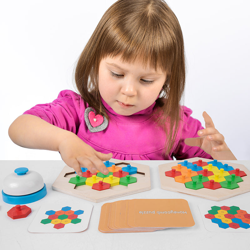 Colorful Puzzle Building Blocks IQ Game Child Interactive Wooden Color Matching Table Game Hexagon Honeycomb Shape Puzzle Challenge Games Toys For Kids