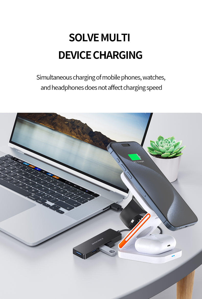 Foldable Magnetic Wireless Charger 3 in 1 multifunction charging stander holder WHITE