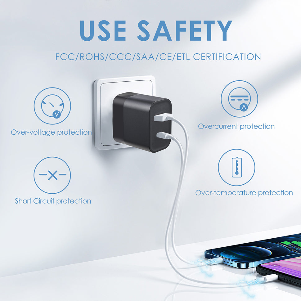 2 x 30W Dual Port USB Fast Charger USB-C & USB-A Power Adapter PD QC 3.0 Wall Charger BLACK