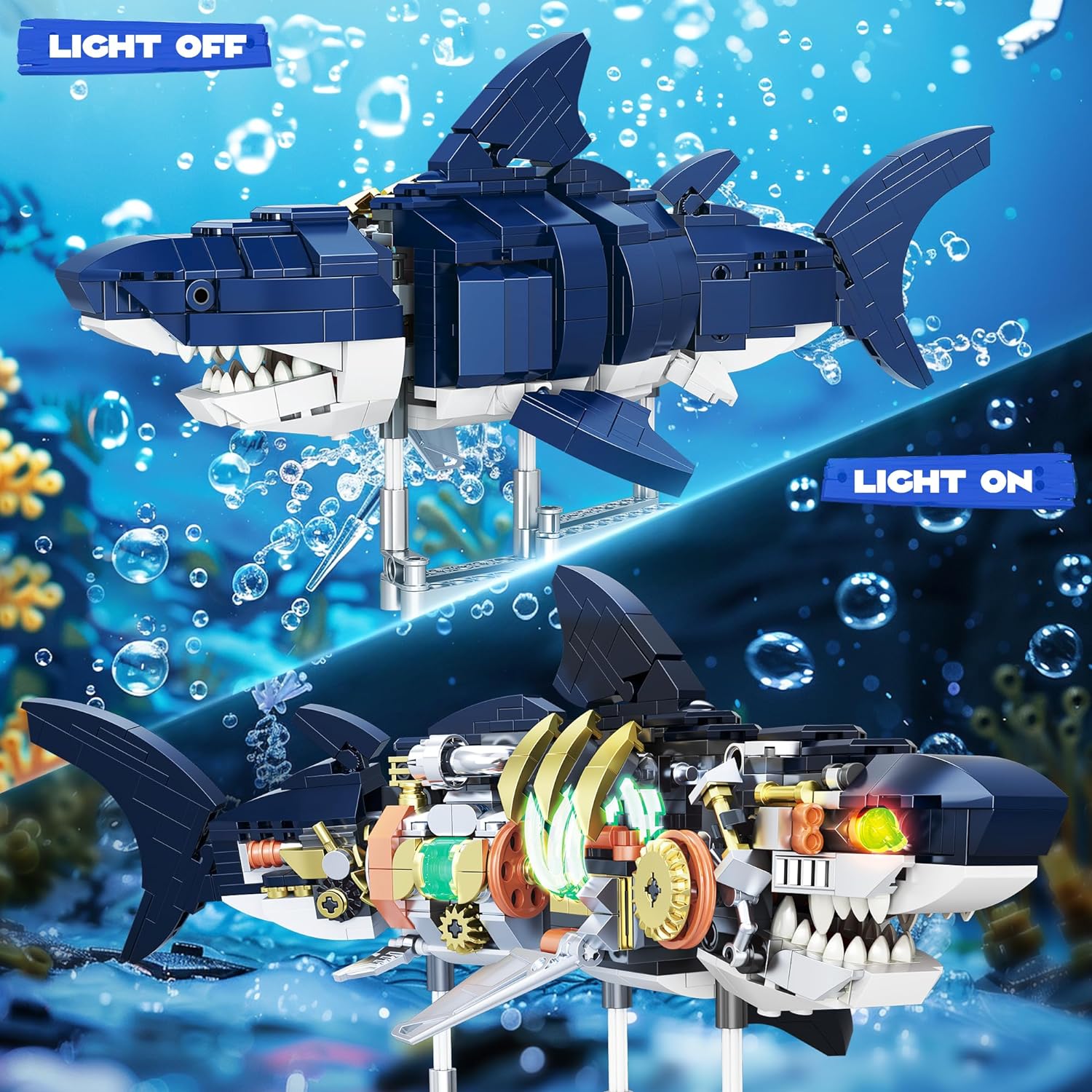 666PCS Shark Building Block Set for Boy 8-12, Ideas Sea Animal Building Blocks Toys with Lighting and Rotatable Link Components STEAM