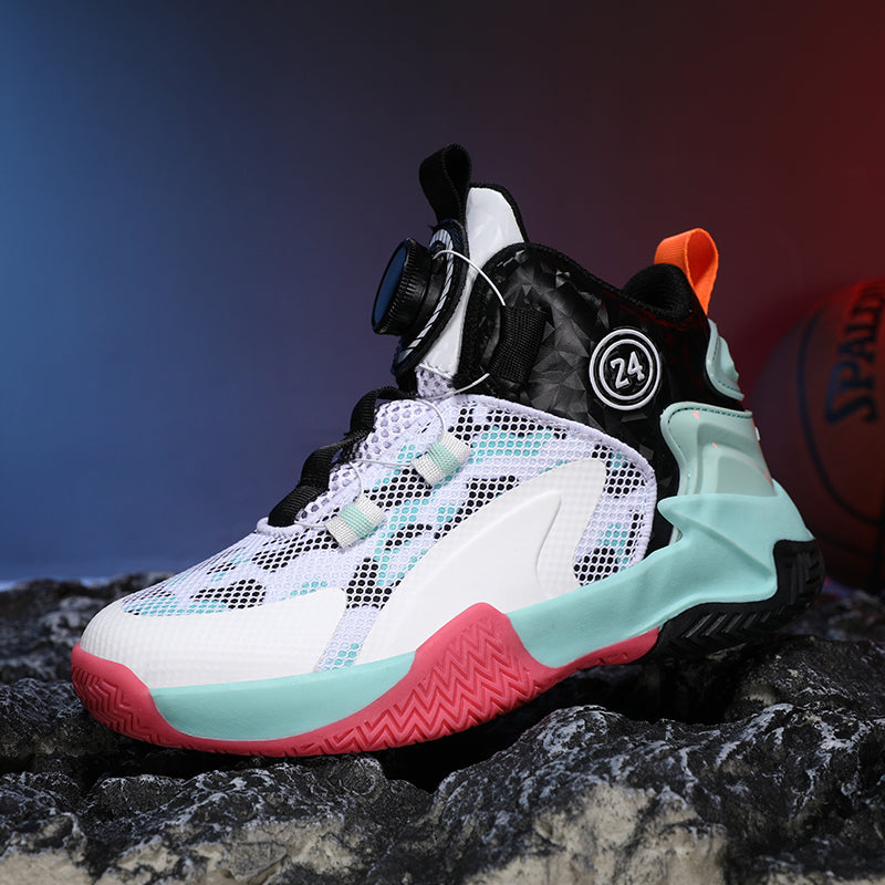 Rotating Automatic Buckle Elastic Laces Children's Basketball Shoes Breathable Mesh Cushioned Non-Slip Kids Sneaker for Running, Walking Outdoor Sports - White & Blac