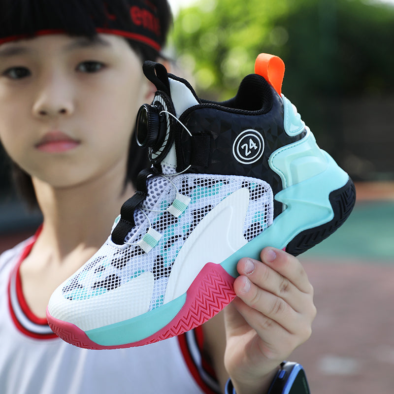 Rotating Automatic Buckle Elastic Laces Children's Basketball Shoes Breathable Mesh Cushioned Non-Slip Kids Sneaker for Running, Walking Outdoor Sports - White & Blac