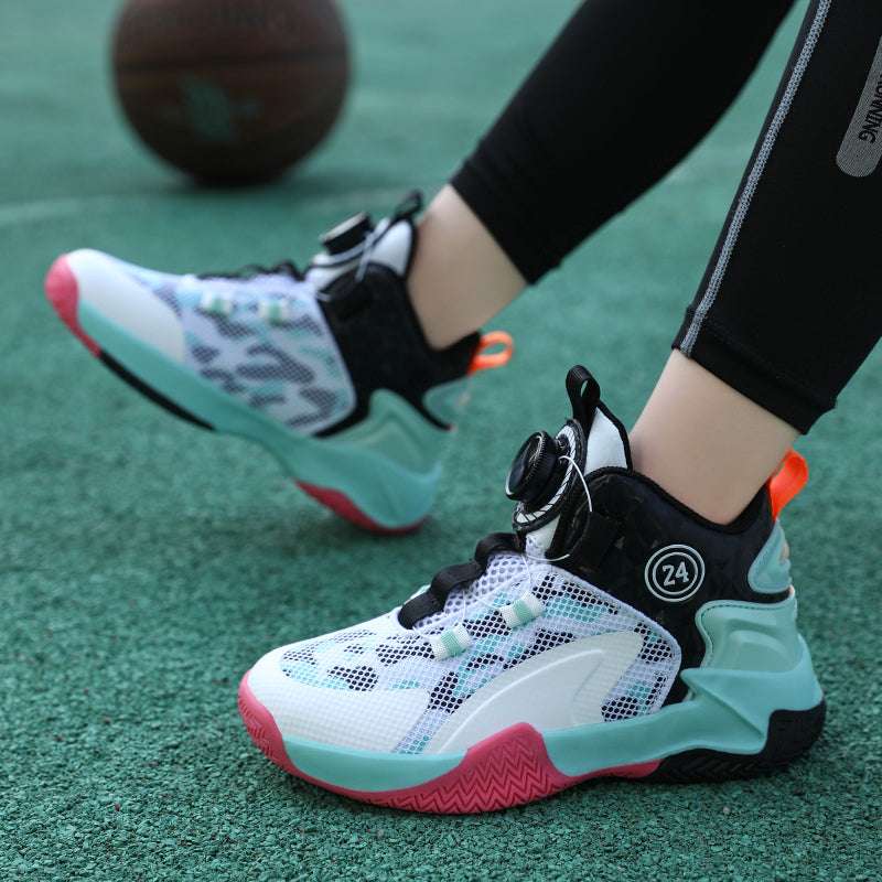 Rotating Automatic Buckle Elastic Laces Children's Basketball Shoes Breathable Mesh Cushioned Non-Slip Kids Sneaker for Running, Walking Outdoor Sports - White & Blac