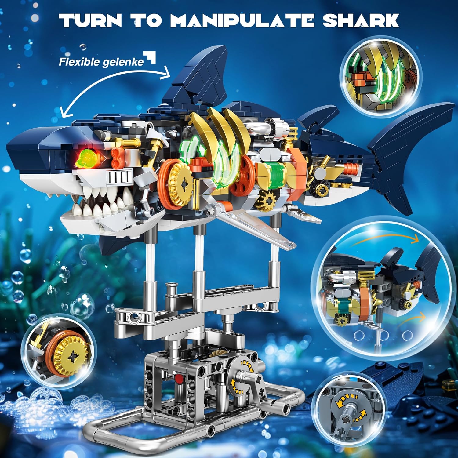 666PCS Shark Building Block Set for Boy 8-12, Ideas Sea Animal Building Blocks Toys with Lighting and Rotatable Link Components STEAM