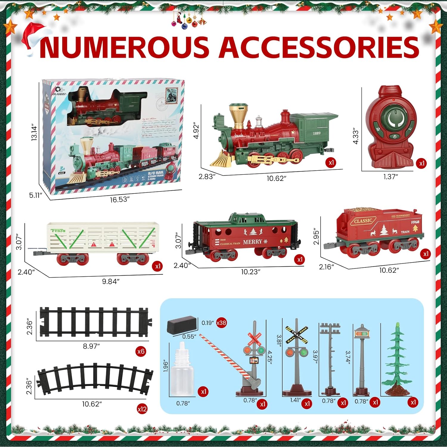 Christmas Electric Train Toys with Sound & Light Locomotive Engine Cargo Car & Tracks 3 Carriages Steam 950MM