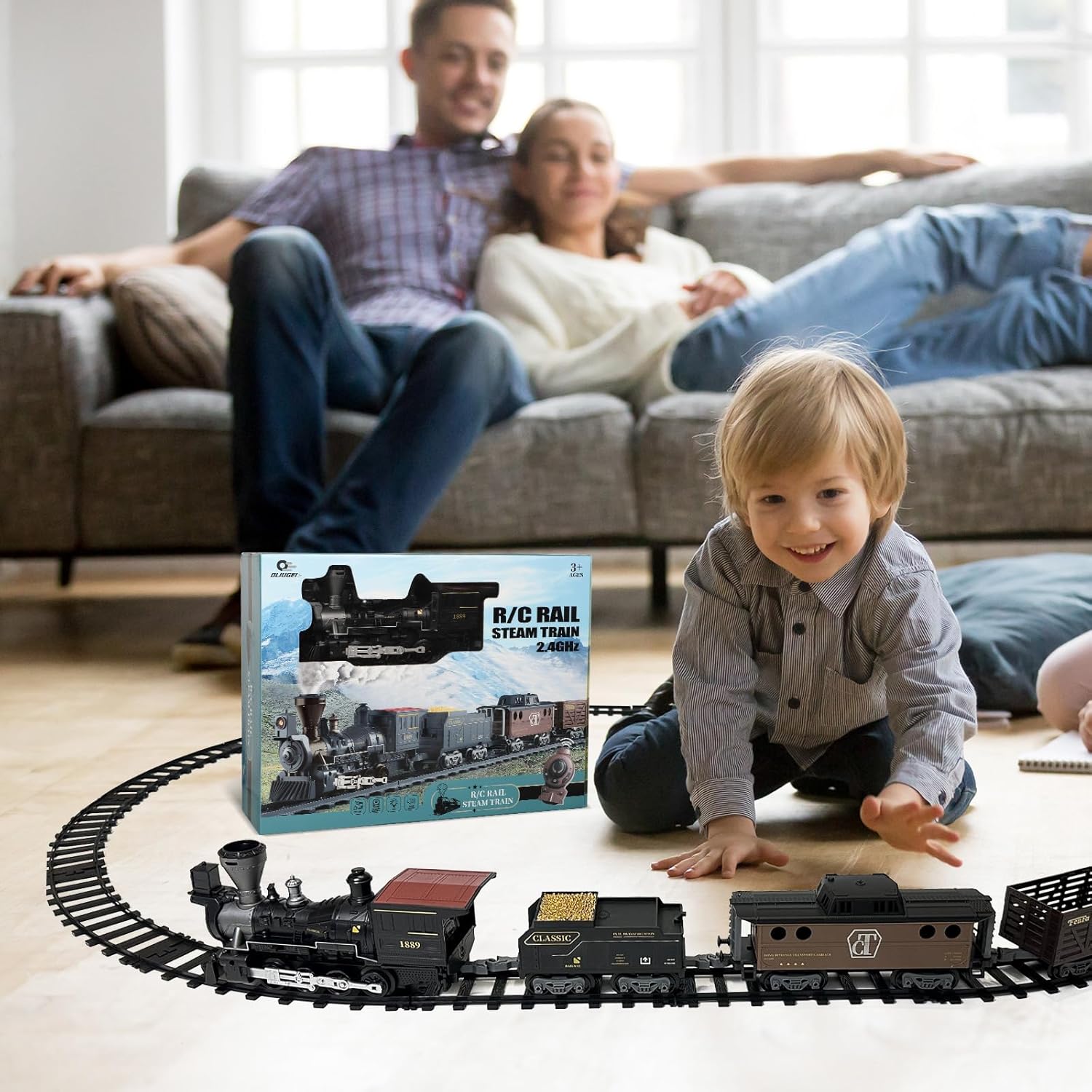 Electric Train Toys with Sound & Light Locomotive Engine Cargo Car & Tracks 3 Carriages Steam 950mm