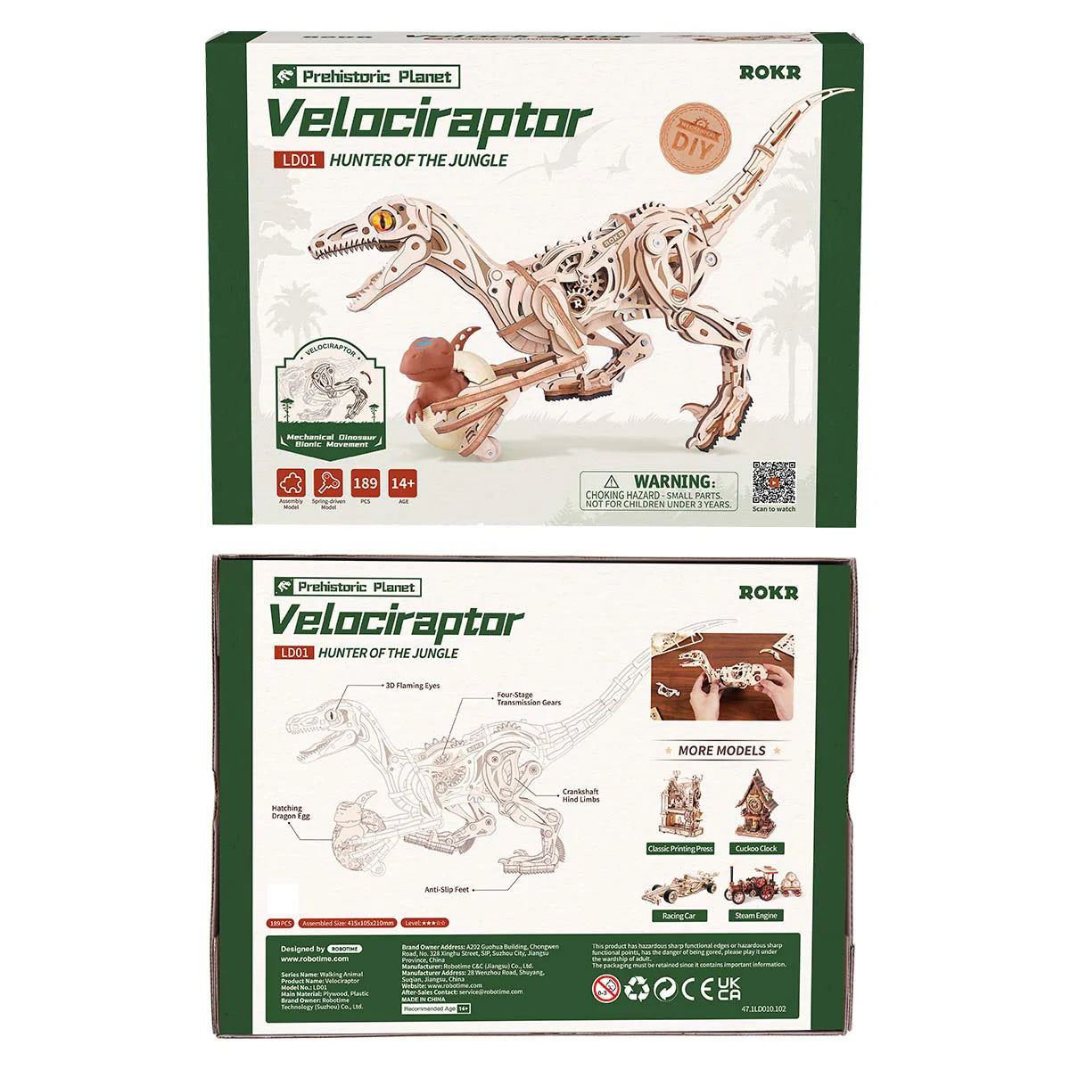 ROKR Velociraptor Mechanical 3D Wooden Puzzle - LD01 | Animatronic Dinosaur Model Kit for Adults & Teens
