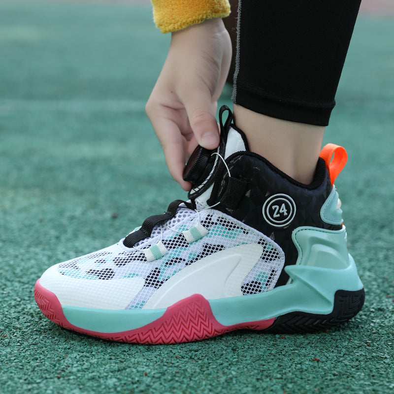 Rotating Automatic Buckle Elastic Laces Children's Basketball Shoes Breathable Mesh Cushioned Non-Slip Kids Sneaker for Running, Walking Outdoor Sports - White & Blac