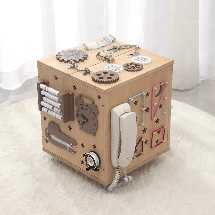 Kids Wood Portable Busy Board Cube Unlocking Box Sensory Game Baby Montessori Educational Wooden Toys for Children Learning Toy