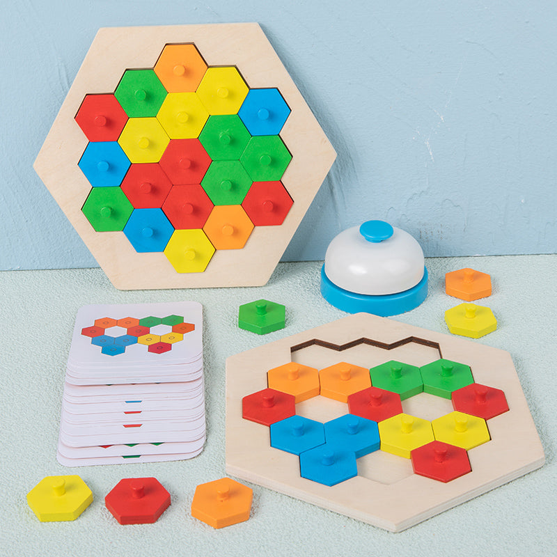 Colorful Puzzle Building Blocks IQ Game Child Interactive Wooden Color Matching Table Game Hexagon Honeycomb Shape Puzzle Challenge Games Toys For Kids